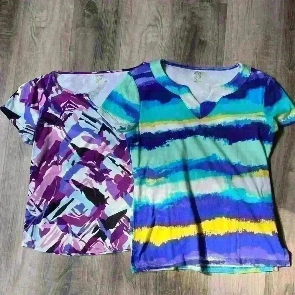 ANNE KLEIN SPORT 2for 1 Watercolor Stripe Split Neck Tee AND purple splash